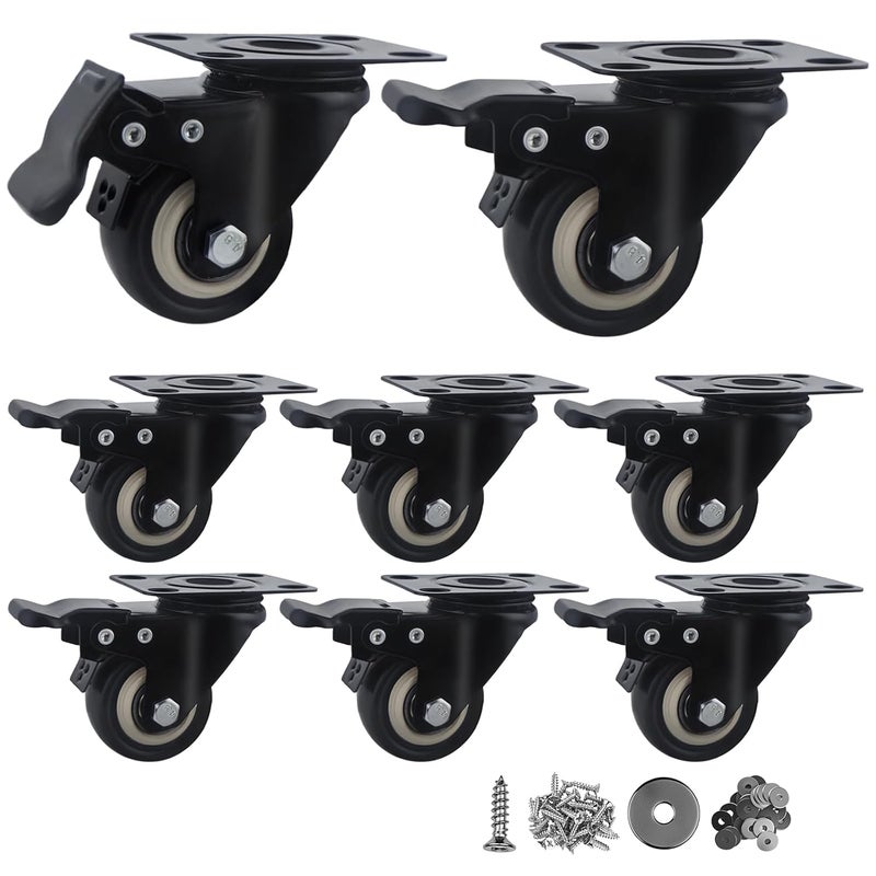 Htudcoue 2 Inch Caster Wheels Set of 8, Heavy Duty Casters,with Brake,No Noise Locking Polyurethane (PU) Wheels, for Furniture and Workbench Load 800lbs - Image 1